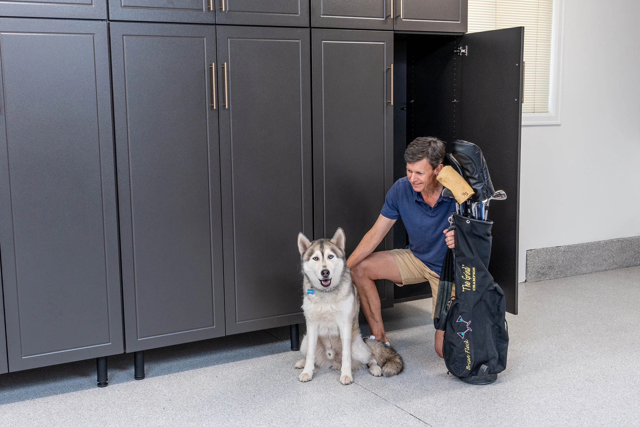 Garage with dog and golf storage