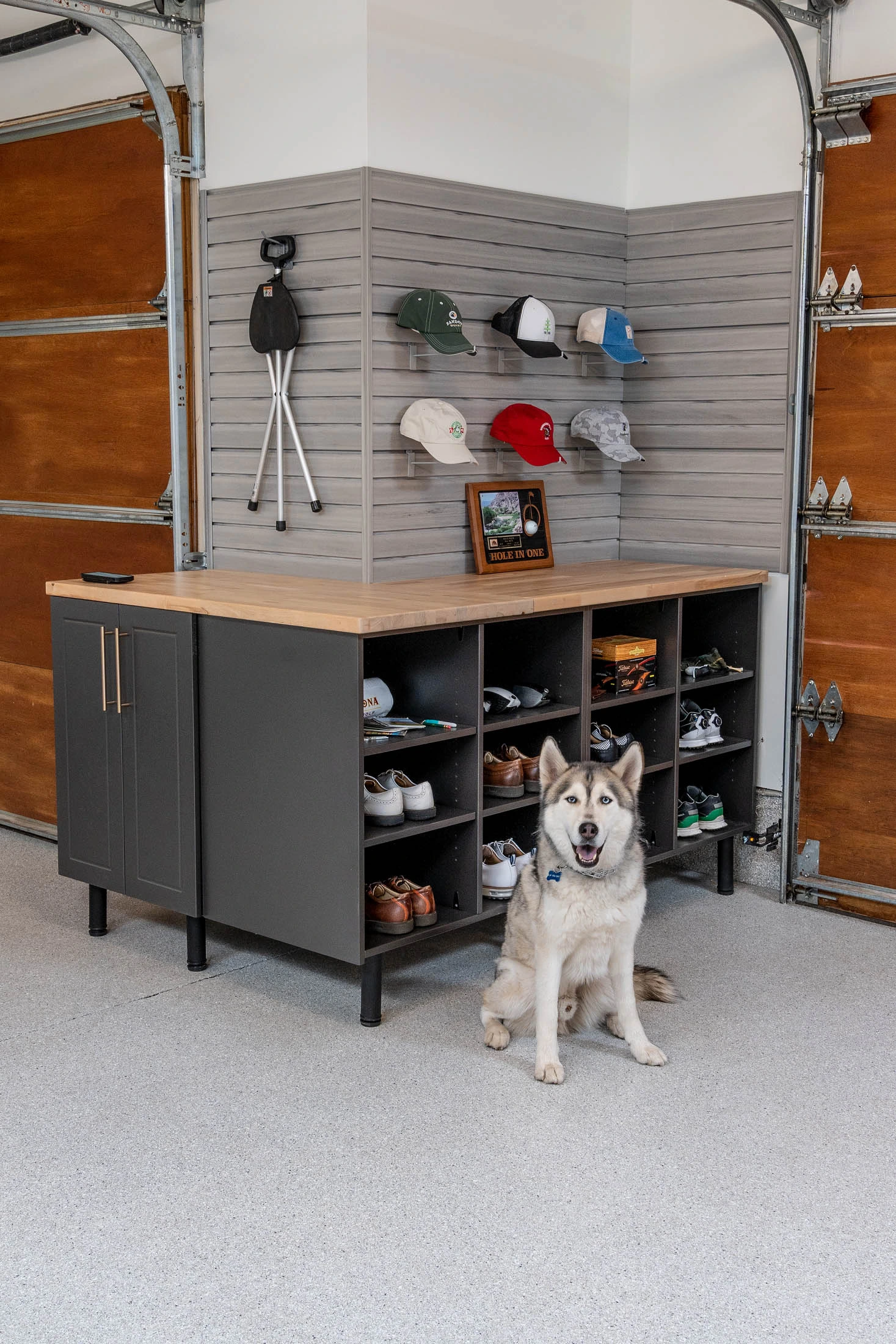 Garage shoe cubbies with dog