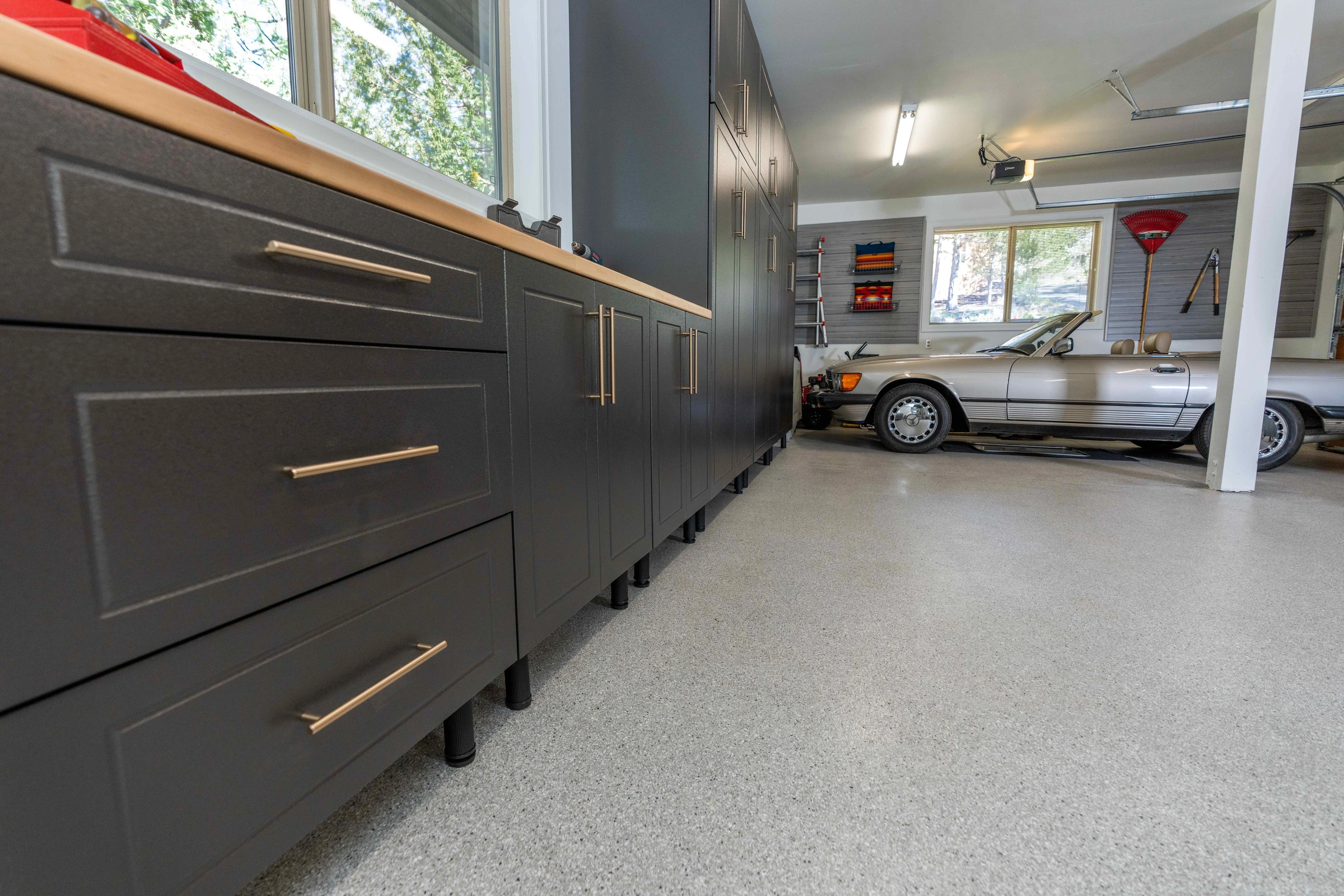Garage cabinets, workbench, and slatwall close-up