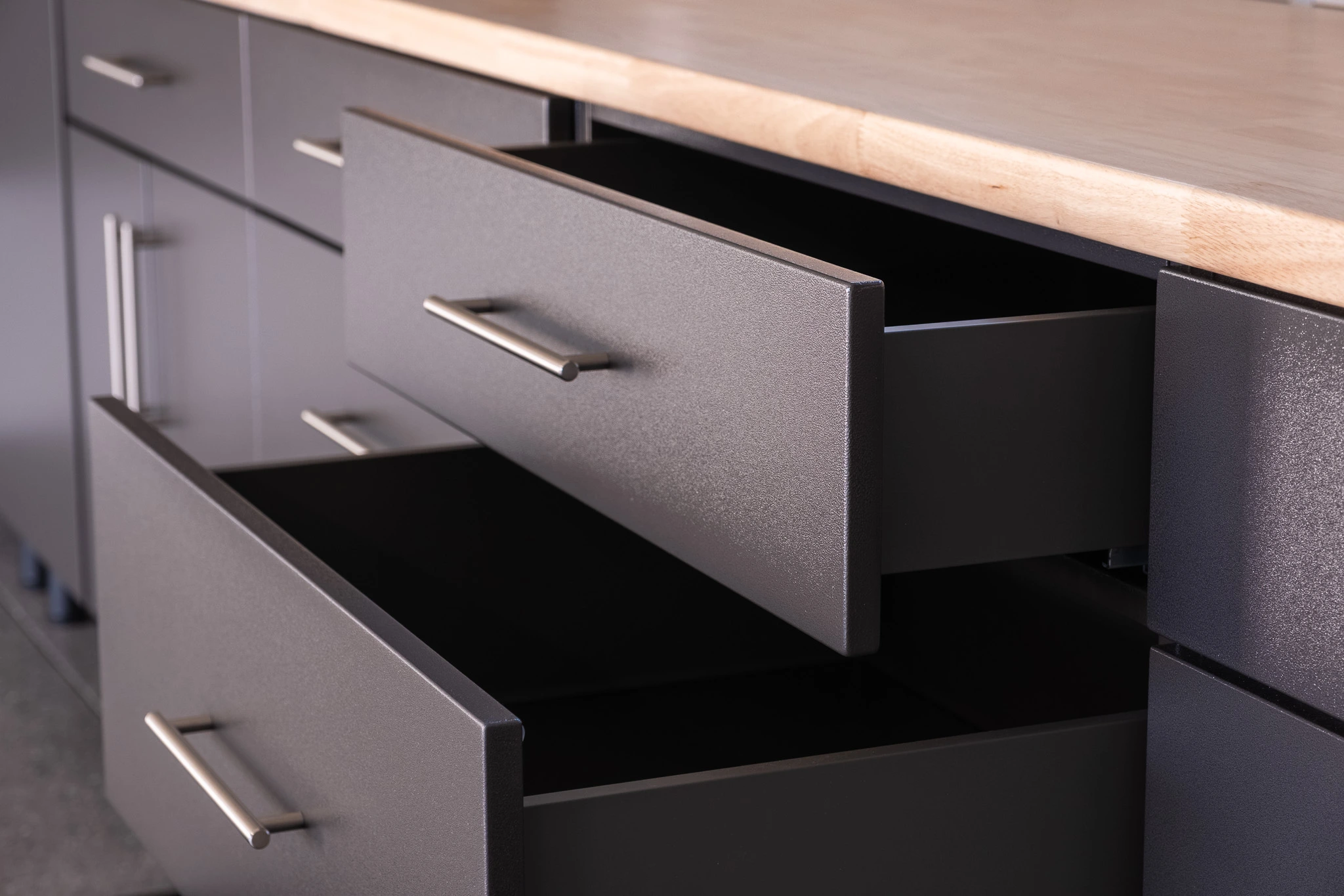 Garage cabinet drawers close-up