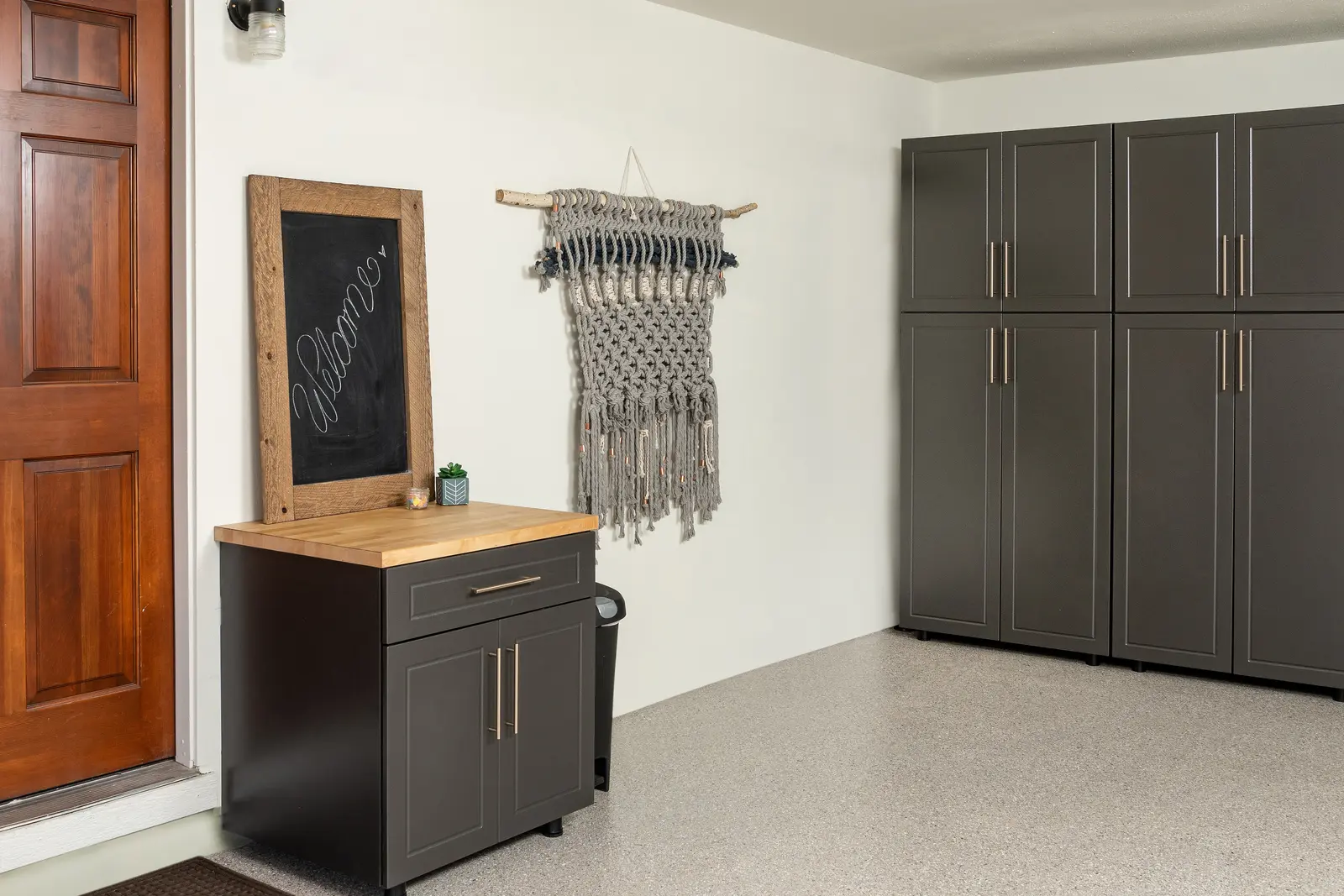 Blue garage cabinets after installation