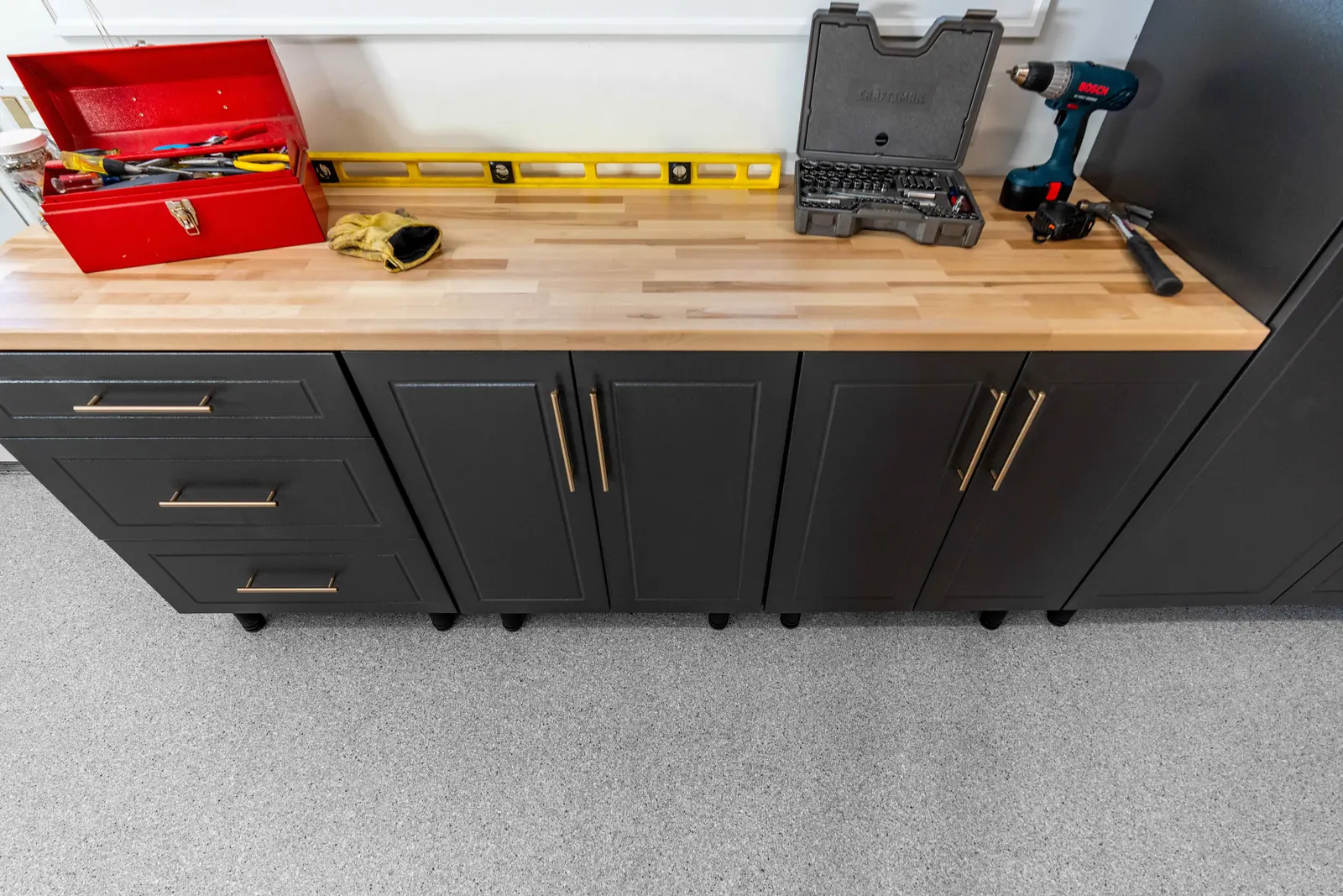 Fleck workbench with butcher block and tools