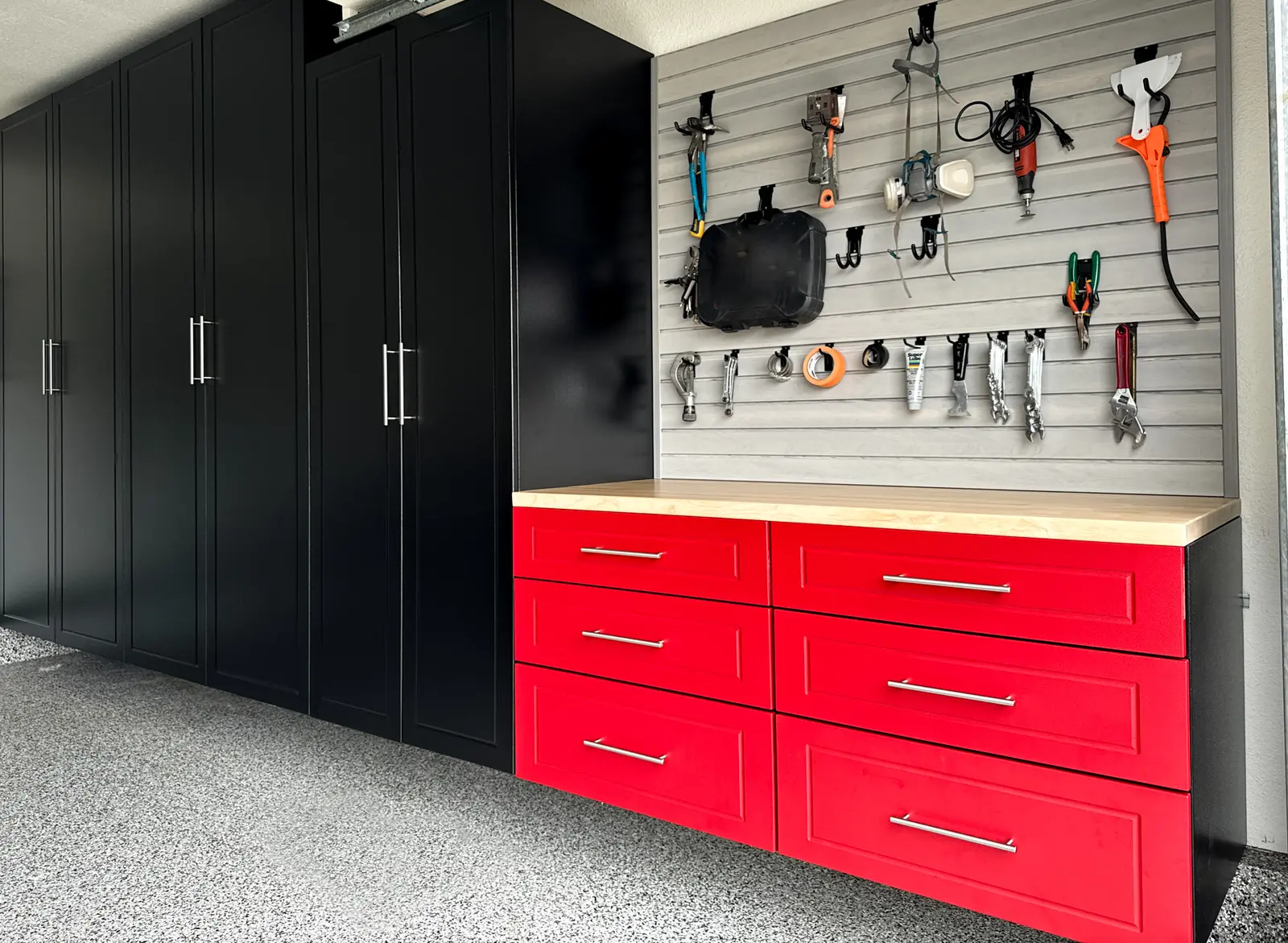 Lancaster black and red garage cabinets